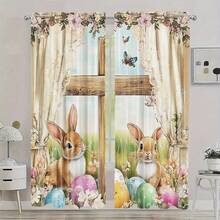 2PCS Cute Easter Bunny And Egg Print Light Sheer Curtains, Semi-Sheer For Privacy Protection. Easy Rod Pocket Installation, Quick-Dry, Fade-Resistant After Washing, Lightweight And Washable. Ideal For Home, Room And Kitchen Decor & Space Dividers. - Multicolor - View 1