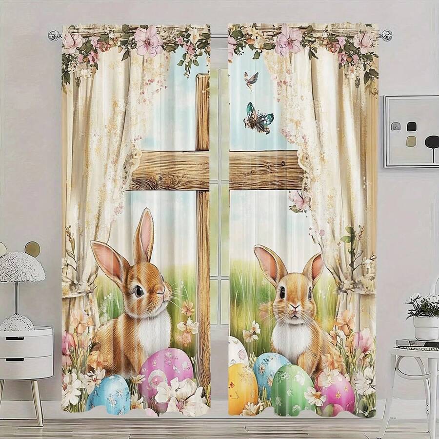 2PCS Cute Easter Bunny And Egg Print Light Sheer Curtains, Semi-Sheer For Privacy Protection. Easy Rod Pocket Installation, Quick-Dry, Fade-Resistant After Washing, Lightweight And Washable. Ideal For Home, Room And Kitchen Decor & Space Dividers. - Multicolor - View 1