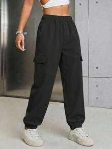 1pc Tween Girls Casual Street Style Striped Contrast Color Loose Straight Leg Pants, Spring/Summer/Autumn - Black - View 4