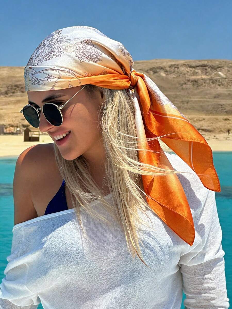 90x90cm Orange Floral Chiffon Scarf, Travel Sun Protection Casual Headscarf, Gift - Orange - View 1