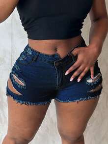 Women's High Waist Distressed Denim Shorts With Irregular Buttons, Frayed Hem - Summer Date Casual Versatile Hot Pants - Rửa tối - Xem 5