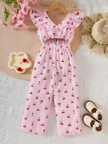 Mono informal de verano/primavera para niñas con rayas, lazo de cereza y volantes en la cintura - Rosa - Ver 2