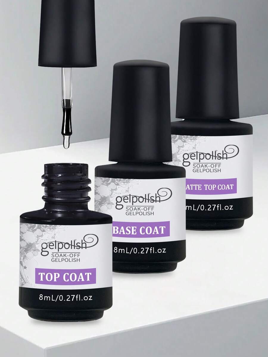 GELPOLISH 3pcs Spring/Summer Gel Nail Polish Set - Base Coat, Glossy Top Coat, Matte Top Coat. Long-Lasting Shine, No Wipe Needed, LED Lamp Soak-Off, DIY Design, Valentine's Gift For Her - 無色 - 查看 1