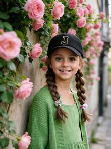 1顶时尚儿童嘻哈帽，A-Z字母刺绣棒球帽，男女童可调节后扣帽，户外休闲遮阳帽，骨白色，8-16岁 - 黑色 - 查看 3