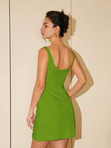 女士纯色收腰无袖迷你连衣裙，夏季商务休闲度假派对优雅装扮 - 橄欖綠 - 查看 2