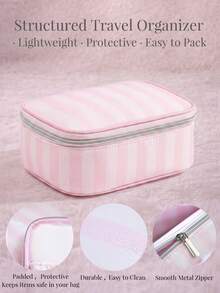 Cute Pink & White Stripe Makeup Bag With Compartments,Nylon Travel Essentials Cosmetic Bag Organizer Toiletry Bag For Women Girls, Simple Pink Portable Storage Bag With Four Different Sizes To Choose From, Suitable For Home Storage, Cosmetics Storage, Cute Appearance, Suitable As A Gift - 吐司麵包(粉紅色) - 查看 4