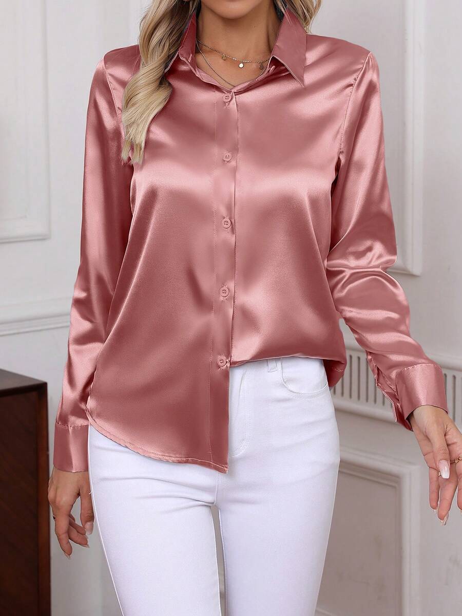 Plus Size Elegant Poplin Shirt For Women, Classic Solid Color Soft & Comfortable Single-Breasted Long Sleeve Blouse, 2025 Autumn/Winter New Women's Clothing Tops Spring - Coral Pink - View 1