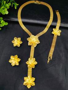 1 Set Fashion Women's Gold-Plated Pendant Necklace Jewelry Set 3pcs, Middle Eastern Dubai Bridal Wedding Dress Accessories, Holiday Gift Necklace Earrings Bracelet - Yellow Gold - View 2