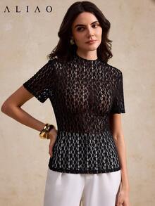 Áo ren cổ tròn ALIAO, món đồ thiết yếu để phối lớp trong mùa xuân/hè, áo thun nữ phong cách lãng mạn Pháp, phù hợp cho các lễ hội, tụ họp và mặc thường ngày. - màu đen - Xem 5