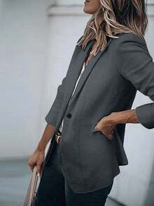 Plus Size Women's Fashion Elegant Lapel Single-Button Fitted Blazer, Long Sleeve OL Style Slim Fit Jacket, Autumn/Winter - Grey - View 6
