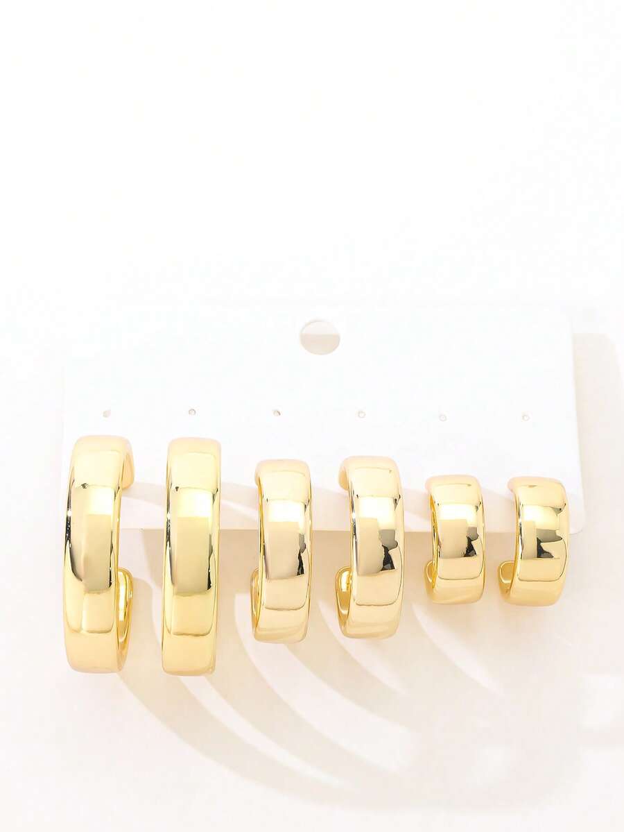3 Pairs Gold C-Shaped Hoop Earrings, Sweet Girl Daily Versatile Earrings - Gold - View 1