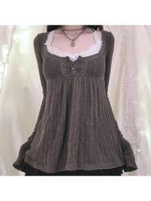 Women Y2k Knitted Tops Vintage Solid Color Long Sleeve Button Square Neck Tunic Blouse Sweaters - Brown - View 5