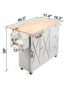 Kitchen Island Cart With Solid Wood Top, 45.3" Width Mobile Carts With Storage Cabinet, Rolling Table With Spice Rack, Towel Rack, Drop Leaf And Drawer, Portable Islands On Wheels, White - White - View 10