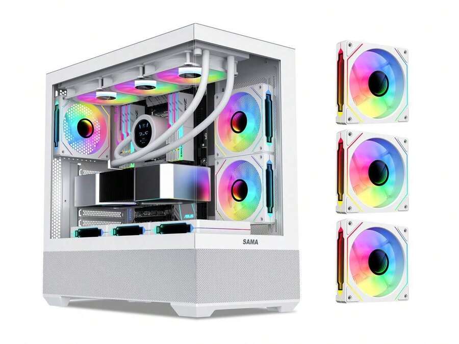 SAMA SV02 Dual USB3.0 And Type C Tempered Glass ATX Mid Tower Gaming PC Computer Case, 3 Addressable RGB Fans Pre-Installed, Support BTF Back Plug Motherboard - White - View 1