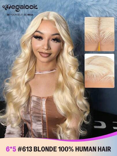 MEGALOOK 34英寸 6x5蕾丝 #613 金色长款波浪卷发 100%真人发假发，预剪透明蕾丝，150%密度真人发蕾丝闭合假发 - 自然逼真，适合日常佩戴，可打造办公室、僵尸新娘、万圣节、派对、Y2K 风格、度假、户外角色扮演、校园、学校假期、圣诞节、派对、婚礼、节日等各种造型，适合女性佩戴。