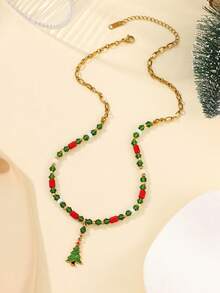 1pc Stainless Steel Fashionable Delicate Tree Pendant Necklace, Inlaid With Red And Green Beads, Suitable For Women's Daily Wear Or Gift - Yellow Gold - View 3