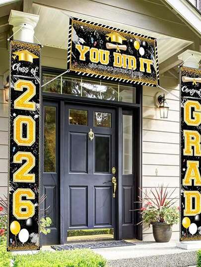 2026 Graduation Season Black & Gold "Class Of 2026" 3 PiecesDoorway Curtain Set, "YOU DID IT" Theme Porch Banner, Outdoor Graduation Ceremony Decor, Student Graduation Party Entryway Decorations