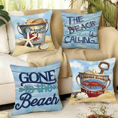 MEMNUN 4pcs Summer Beach Painting Print Pillow Covers [No Pillow Insert], 17.7*17.7in(45*45cm)/19.69*19.69in(50*50cm)/15.75*15.75in(40*40cm), [Single-Sided Printing] Beach Bucket, Starfish, Crab, "The Beach Is Calling" Slogan Decorative Throw Pillow Cases For Sofa, Bed, Living Room, Bedroom, Car, Office, Hotel, Suitable For All Seasons, Perfect Gift For Family And Friends