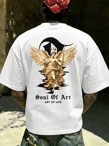 Men's Summer Fashion Minimalist Street Angel Wing Gold Sculpture Element Print Round Neck Short Sleeve T-Shirt | Basic Style Street Casual Versatile Top, Boyfriend/Husband Gift - White - View 2