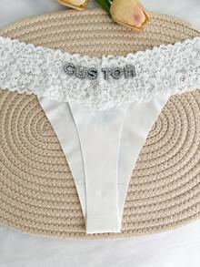 Customized Name Sparkling Crystal Alphabet Thong, Personalized Low-Waist Underwear, Sexy Lace Flower Heart Shaped Love Crystal Pattern, Breathable Ice Sliky Fiber Fabric Triangle Panties, Single Party Personalized Gift, Bride Wedding Customized Underwear, Couples Customized Gift, Personalized Gift For Girlfriend/Wife/Lover's Anniversary/Valentine's Day/Birthday/Marriage/Bedroom/Holiday - trắng - Xem 2