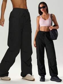 UONNOU 1pc Y2K Style Women's Parachute Pants Elastic Drawstring Waist Design Large Pockets Adjustable Hem Street Style Cargo Pants - Black - View 1