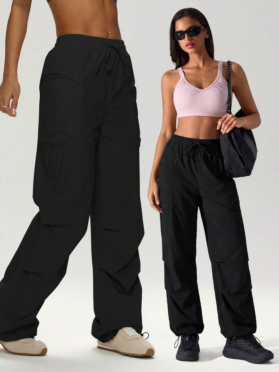 UONNOU 1pc Y2K Style Women's Parachute Pants Elastic Drawstring Waist Design Large Pockets Adjustable Hem Street Style Cargo Pants - Black - View 1