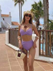 夏季纯色性感优雅波西米亚风吊带甜美比基尼泳装沙滩度假两件套 - 淡紫色 - 查看 6