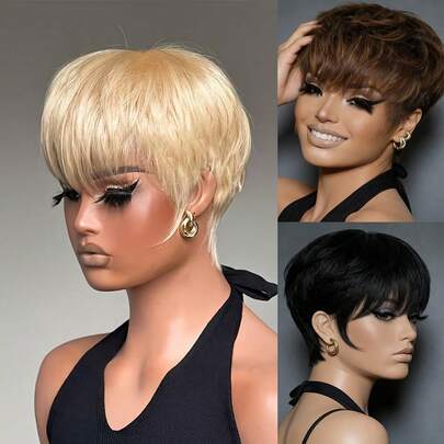 自然黑色短款精灵头真人发假发，带刘海，层次感直发造型，180%密度，巴西雷米真人发，适合女性，用途广泛，适用于音乐节、母亲节、狂欢节、情人节、万圣节、圣诞节、角色扮演、春夏秋冬等各种场合。本地仓库现货，新品折扣，假发多多！