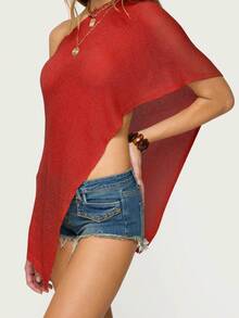 Women's Sheer Ponchos Off Shoulder Short Sleeve Solid Color T-Shirts Asymmetrical Knit Tops - 紅色 - 查看 3