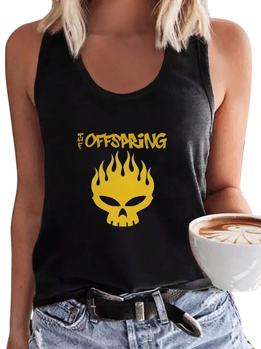 Rock Band Style "THE OFFSPRING" Text And Flame Skull Pattern | Casual Women'S Crew Neck Off-Shoulder Tank Top Minimalist, Modern, And Made For Versatility. This Sleeveless Tank Top Is The Ultimate Building Block For Countless Outfits-Durable, Easy To Care For, And Designed To Last, It's A Smart Investment For Any Wardrobe. Grab Yours Today And Experience Effortless Style At Its Best! - 黑色 - 查看 1