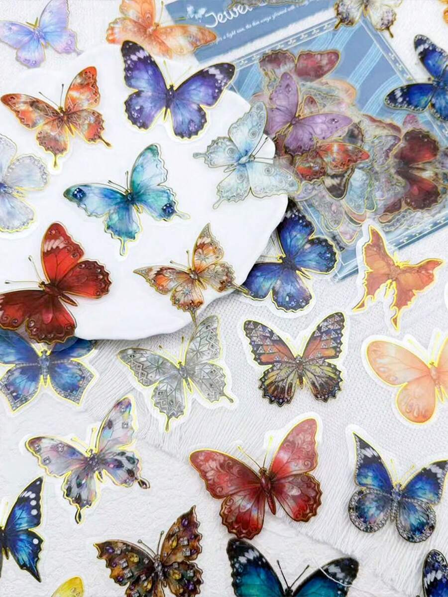 50pcs Gem Butterfly Sticker Aesthetic Gilding PET Transparent Decals For Laptop Computer Scrapbook Diary Phone Case DIY Decorate Sticker Kids Toy - Multicolor - View 1