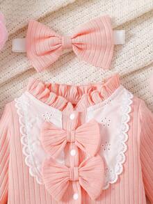 Newborn Baby Girl Knitted Pink Ribbed Cute Ruffle Collar Lace Patchwork Double Bow Snap Button Long Sleeve Jumpsuit With Headband (Suitable For 1st Birthday Gift And Daily Wear) - Pink - View 4