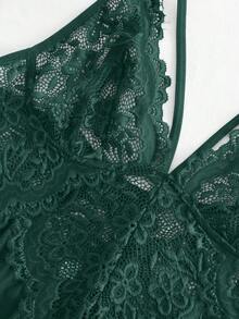 1 Set Sexy Lace & Sheer Mesh Spaghetti Strap Nightgown, Double Slit Hem Lingerie Set - Dark Green - View 4