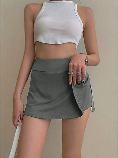 Minifalda de tenis para mujer, falda envolvente de cintura alta de color sólido con shorts interiores para niñas, blanca/negra/kaki/gris