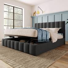 Hydraulic Upholstered Double Bed, Dimensions 140x200 Cm. Adjustable Headboard With Metal Frame. Linen Material, With Storage Space. Grey (Mattress Not Included) - Grey - View 3