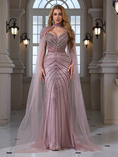 Chal de malla decorado con lentejuelas, vestido de noche elegante y sexy con bajo de cola de sirena