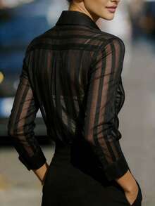 Elegant Women's Striped Sheer Button Front Collar Long Sleeve Blouse, Fashionable Shirt - Black - View 5