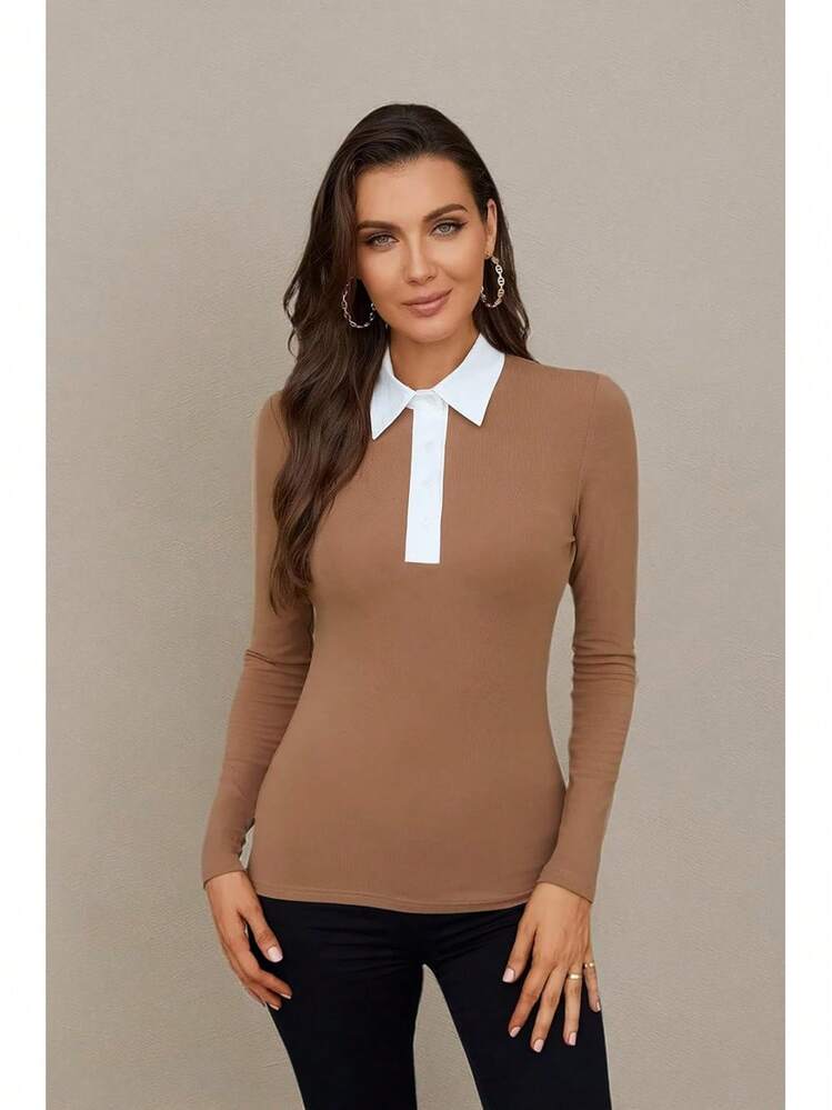 Womens Polo Shirts Fall Clothes For Women Lapel Collared V Neck Long Sleeve Tee Shirt - 50061 Coffee - View 5