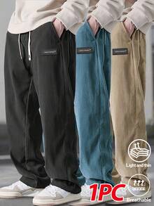 Men's Spring/Autumn Casual Drawstring Corduroy Pants, Breathable And Comfortable, Suitable For Daily Leisure And Vacation, Fall - Black - View 2