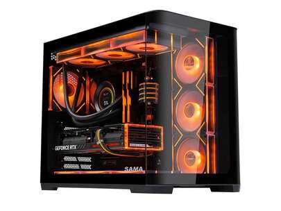  Caja de PC para juegos SAMA 2851 ATX Mid-Tower, de alto flujo de aire, con frente de vidrio templado curvo resistente, 4 ventiladores ARGB PWM preinstalados con centro de ventiladores, color negro