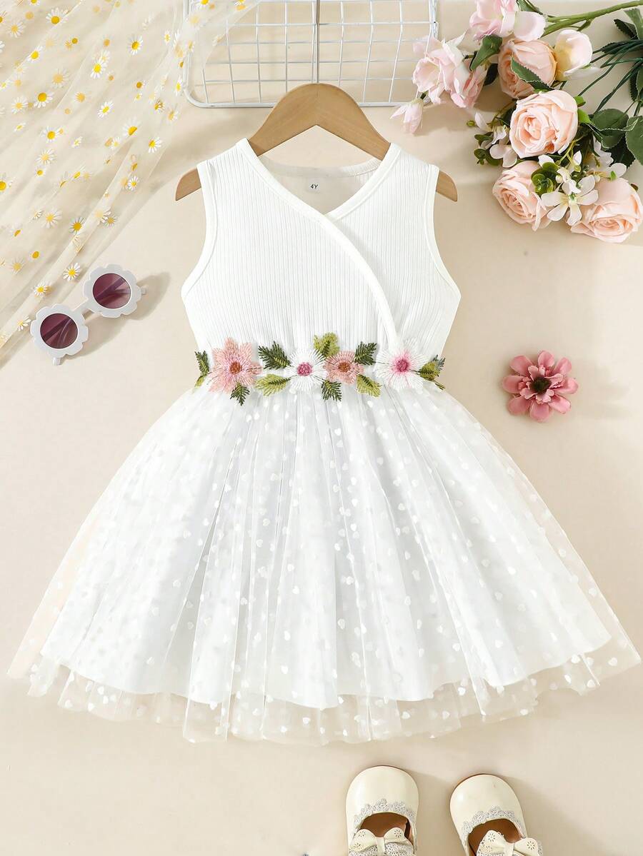 Summer Young Girl Elegant Sweet Lady Style Waist Flower Lace Mesh Dress - White - View 1