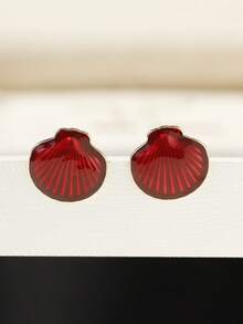 1 Pair Minimalist Colorful Glazed Shell Shaped Alloy Stud Earrings, Green Color Earrings Suitable For Women's Daily, Party, Holiday Wear - Shell Earrings - View 7