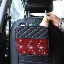 1 pieza Bolsa de basura para coche con diamantes de imitación brillantes, diseño de diamantes de agua de alta gama, organizador para el respaldo del asiento del coche, bolsa de almacenamiento multifuncional para el asiento del coche, cubo de basura colgante impermeable para el coche, se adapta a la mayoría de los vehículos, bolsa colgante de basura para el hogar - A - Ver 12