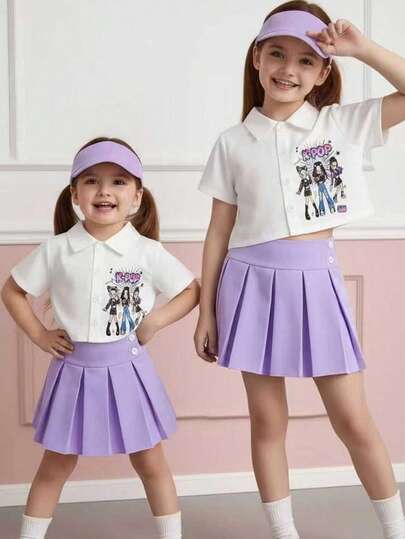 2pcs Girls Cartoon Character Print Shirt + Pleated Skirt Set, Fashionable Outfit For Weekend Shopping, Family Gathering, Outdoor Activities, Birthday Party, Parent-Child Outing, Daily Wear