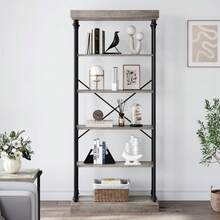 Estantería Industrial de Madera de 6 Niveles, Estilo Rústico, para Sala, Cocina, Oficina y Recámara - Gris - Ver 1