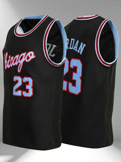 男士篮球刺绣无袖V领T恤，23号，黑色，休闲派对运动上衣