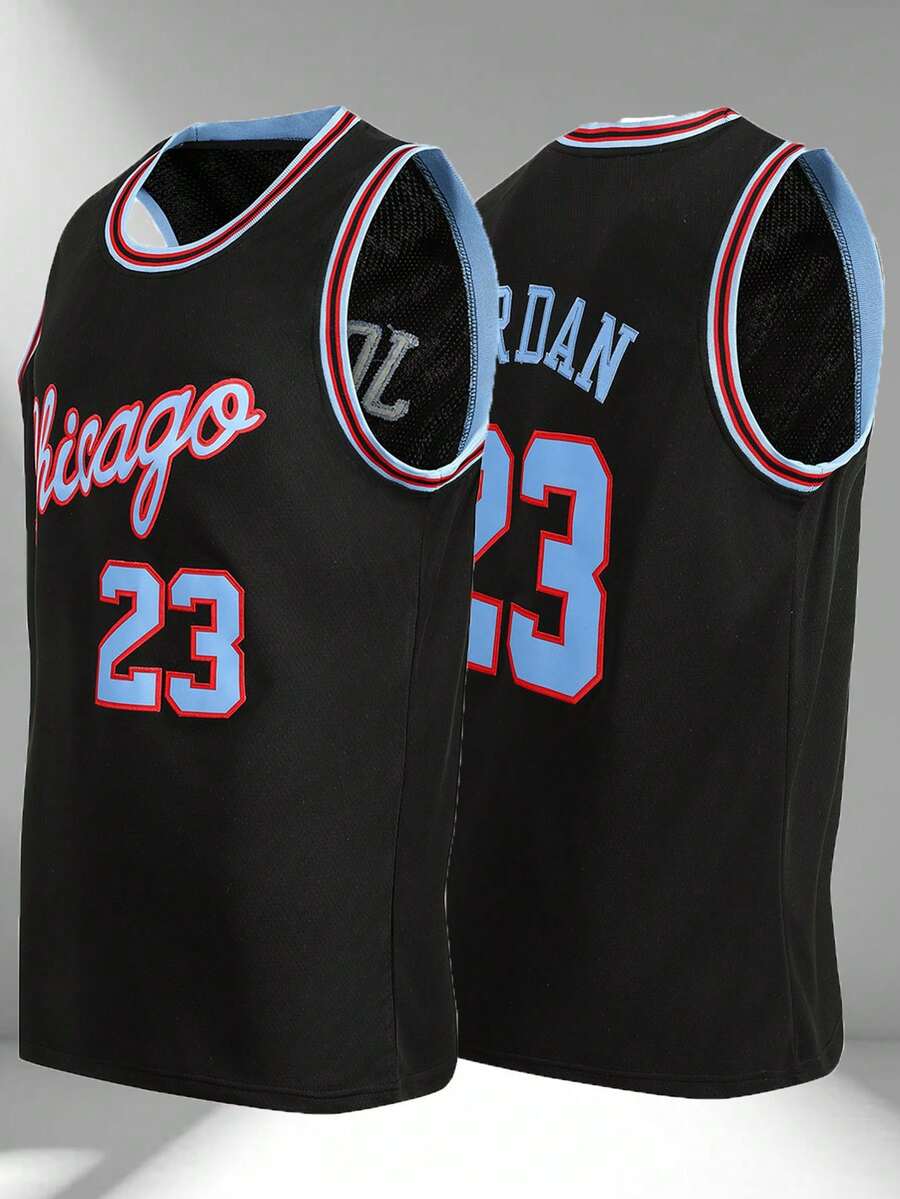 Men's Basketball Embroidered Sleeveless V-Neck T-Shirt, 23 Number, Black, Casual Party Sports Top - Black - View 1