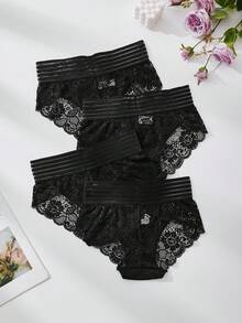 4条装女士内裤 黑色内裤 黑色三角内裤 半透明中腰内裤 蕾丝内裤 性感蕾丝拼接设计 黑色蕾丝内裤 女士三角内裤 - 彩色 - 查看 2