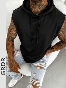 GRDR Men's Casual Solid Color Hooded Vest, Suitable For Outdoor Fitness & Running, Summer - Black - View 6