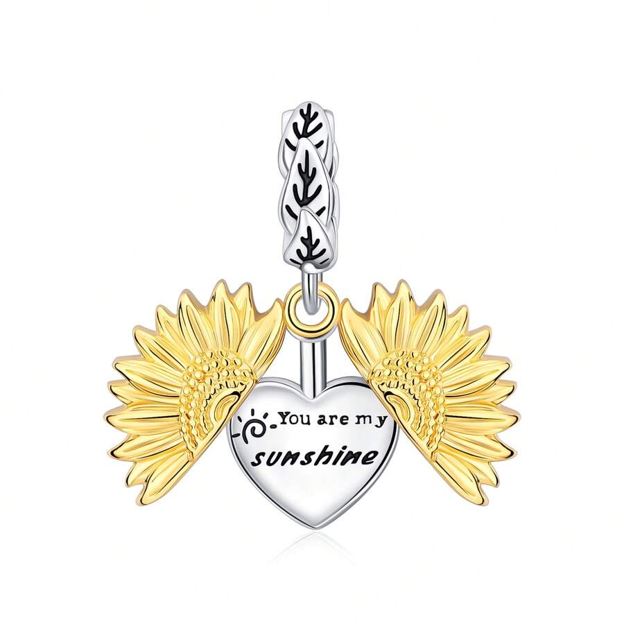 S925 Silver Plated Sunflower & Heart Shaped Pendant, Couples/Best Friends Matching, Romantic Daily Wear, Replaceable DIY Charm, Ideal Gift For Valentine's Day, Anniversary, Birthday - Mixed Colors - View 1